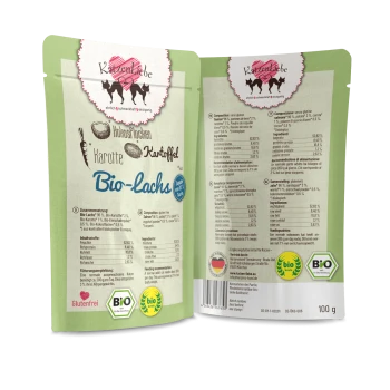 Verpakking voor 'Bio-Lachs' kattenvoer met zalm, wortelen en aardappelen; bevat voedingsinformatie en certificeringen.