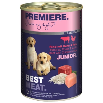 Dosen-Hundefutter mit der Aufschrift 'Premiere', das Welpen auf der Vorderseite zeigt, mit dem Text 'Rindfleisch mit Huhn & Reis' und 'Bestes Fleisch.'