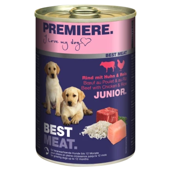 Dosen-Hundefutter mit der Aufschrift 'Premiere', das Welpen auf der Vorderseite zeigt, mit dem Text 'Rindfleisch mit Huhn & Reis' und 'Bestes Fleisch.'