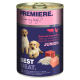 Dosen-Hundefutter mit der Aufschrift 'Premiere', das Welpen auf der Vorderseite zeigt, mit dem Text 'Rindfleisch mit Huhn & Reis' und 'Bestes Fleisch.'