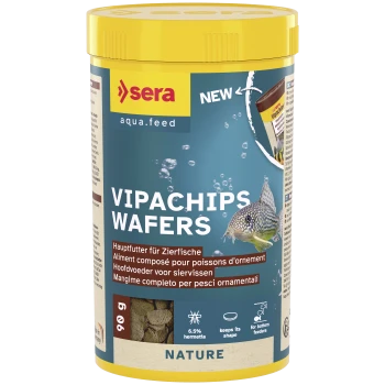Behälter mit Sera Vipachips Wafers Fischfutter für Zier-Bodenfische, 90g, mit Fischbild und Produktdetails.