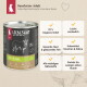 Liebesgut Nassfutterdose mit Schaf-Illustration und deutschem Text 'Nassfutter Adult' und '70% mageres Schaf'.