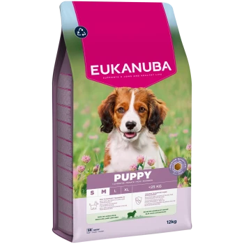 Eukanuba Welpenfutterbeutel für Welpen von 1-12 Monaten unter 25 kg, reich an Lamm und Reis, 12 kg, Premium-Ernährung.