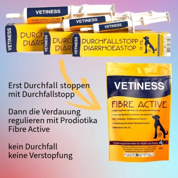 Vetiness Haustierprodukte: eine gelbe Box mit der Aufschrift "Durchfallstopp" und ein "Fibre Active" Beutel, der Schritte für die Verdauungsgesundheit von Haustieren bewirbt.