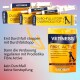 Vetiness Haustierprodukte: eine gelbe Box mit der Aufschrift "Durchfallstopp" und ein "Fibre Active" Beutel, der Schritte für die Verdauungsgesundheit von Haustieren bewirbt.