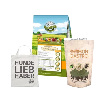 Eine Tüte Bellfor "Landgut-Schmaus" Hundefutter, ein Shiimun Gastro Ergänzungspaket und eine "HUNDE LIEB HABER" Tragetasche.