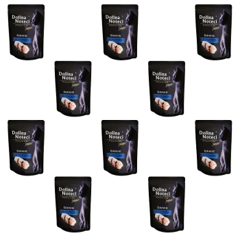 Opakowanie karmy dla kotów Dolina Noteci Premium Junior, z czarną torbą z sylwetką kota, oznaczone "DANIE Z DORSZA".