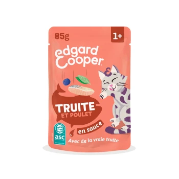 Sachet de nourriture pour chat Edgard Cooper corail avec chat dessin animé ; textes « Truite et Poulet », « en sauce », « 85 g », « 1+ », logo ASC.