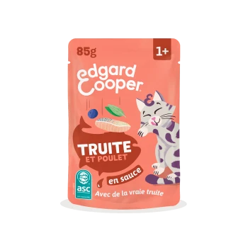 Sachet de nourriture pour chat Edgard Cooper corail avec chat dessin animé ; textes « Truite et Poulet », « en sauce », « 85 g », « 1+ », logo ASC.