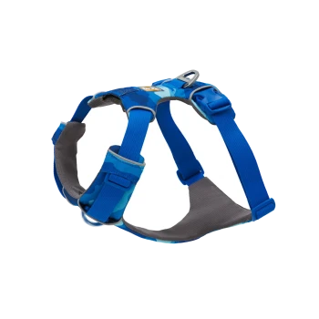 Blaues Hundegeschirr mit einem Camouflage-Design, verstellbaren Riemen und einem Metall-D-Ring zur Leinenbefestigung.