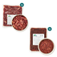 Zwei vakuumversiegelte Packungen rohes Tierfutter mit Näpfen, die den Inhalt zeigen, beschriftet mit „haustierkost“ und 1x Mengenetiketten.