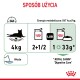 Infografika dla karmy dla kotów Royal Canin "Digestive Care", szczegółowo opisująca instrukcje karmienia dla kota o wadze 4 kg, z zawartością energii 847 kcal/kg.