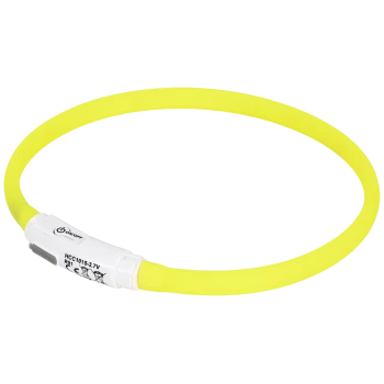 Collier pour animal de compagnie jaune vif avec un fermoir blanc comportant un interrupteur marche/arrêt et des informations sur le produit.