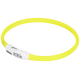 Helle gelbe Haustierhalsband mit einem weißen Verschluss, der einen Ein/Aus-Schalter und Produktinformationen enthält.