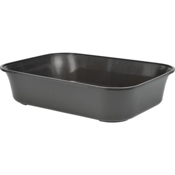 Une litière pour animaux de couleur gris foncé, rectangulaire, avec des bords lisses et une finition brillante, conçue pour un nettoyage facile et une durabilité.