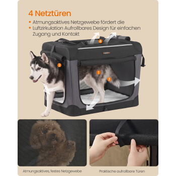 Husky in grauer weichwandiger Transportbox mit Netzpaneelen, Pfeilen und Zahlen; sichtbarer deutscher Text '4 Netztüren' und Netzbeschriftungen.