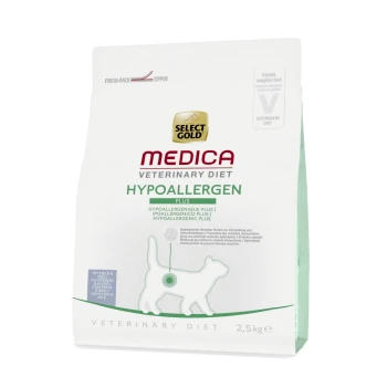Select Gold Medica Veterinärdiät hypoallergenes Katzenfutter, 2,5 kg Beutel, mit einem Frischhalte-Reißverschluss und einer Silhouette einer Katze.