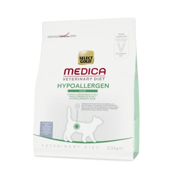 Select Gold Medica Veterinärdiät hypoallergenes Katzenfutter, 2,5 kg Beutel, mit einem Frischhalte-Reißverschluss und einer Silhouette einer Katze.