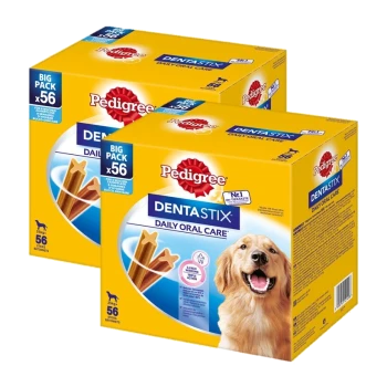 Dwa pudełka przysmaków dla psów Pedigree Dentastix Daily Oral Care, każde zawierające 56 patyczków, z uśmiechającym się złotym retrieverem na froncie.