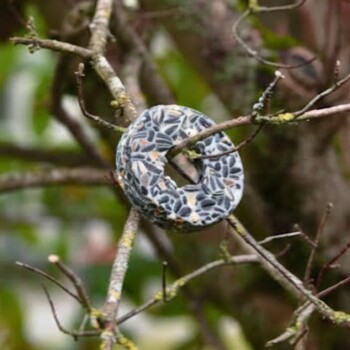 Ein Vogelfutter-Donut, der von einem Ast hängt, gefüllt mit Sonnenblumenkernen, umgeben von verschwommenem Grün.