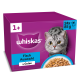 Lila Whiskas Katzenfutterverpackung mit Katzenbild und Futterschale; Text: '1+', 'Whiskas', 'Fisch Auswahl', 'in Gelee', '24x 85g'.