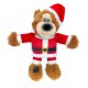 Ein plüschiger Teddybär, der als Weihnachtsmann verkleidet ist, mit einem roten Anzug, einem schwarzen Gürtel und einer Weihnachtsmütze, mit flauschigem braunem Fell und einem freundlichen Gesicht.