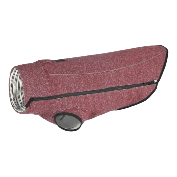 Roter Hundemantel mit strukturiertem Außenmaterial und gestreiftem Innenfutter, mit einem Reißverschluss und schwarzem Besatz.