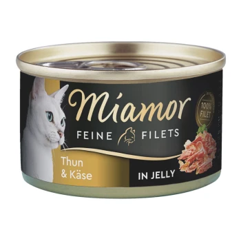Feine Filets in Jelly Heller Thunfisch und Käse 24x100 g Dosenfutter für Katzen, beschriftet mit "Miamor Feine Filets," mit Thunfisch und Käse in Gelee, mit dem Gesicht einer weißen Katze auf dem Etikett.