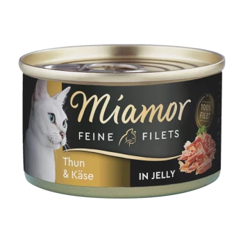 Dosenfutter für Katzen, beschriftet mit "Miamor Feine Filets," mit Thunfisch und Käse in Gelee, mit dem Gesicht einer weißen Katze auf dem Etikett.