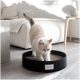 Eine flauschige cremefarbene Katze streckt sich auf einem runden schwarzen Kratzpad mit der Aufschrift "MINTY & MARLA" in einem gemütlichen Wohnzimmer.