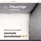 Flauschige Liegefläche für Hunde mit grauem Stoffrand, Text: "Dein Hund verdient maximale Gemütlichkeit" und Schlafsymbol.