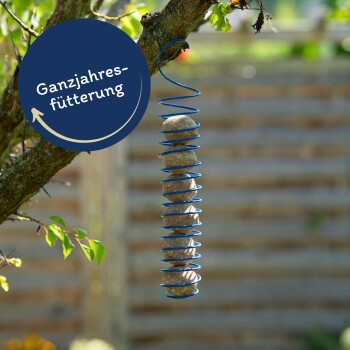 Ein blauer Spiral-Futterspender, der von einem Baumast hängt und mehrere runde Vogelfutterbälle hält, mit dem Text "Ganzjahresfütterung" in einem kreisförmigen Design.