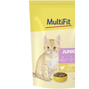 Sac de nourriture pour animaux de compagnie jaune avec un mignon chaton orange, étiqueté "MultiFit JUNIOR" et "mit Huhn" (avec du poulet) mettant en avant les bienfaits nutritionnels.