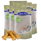 Vier Tüten Lyra Pet Nature Power Hundeleckerlis mit verschiedenen Hundebildern auf der Verpackung, begleitet von mehreren Kaustangen davor.