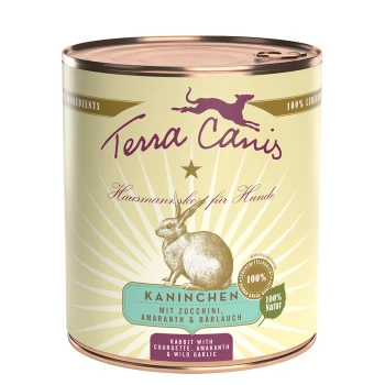 Classic Adult 6x800g Kaninchen mit Zucchini, Amaranth und Bärlauch Dose mit Terra Canis Hundefutter mit Kaninchenillustration, beschriftet "Kaninchen mit Zucchini, Amaranth & Bärlauch", hebt 100% natürliche Zutaten hervor.