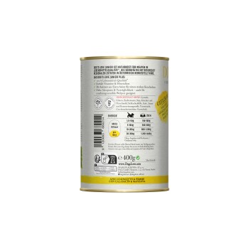 Nourriture en conserve pour chien étiquetée "Dog's Love Junior," contenant du poulet, de la courgette et de la pomme. Les informations nutritionnelles et les conseils d'alimentation sont visibles.