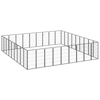 Ein schwarzes Metall-Haustierspielgehege in rechteckiger Form, mit vertikalen Stangen und mehreren Paneelen zur Haustierkontrolle.
