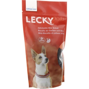 Emballage rouge de biscuits mini LECKY pour chiens, présentant un chien blanc avec un collier, étiqueté "Aktivkohle Mini Biskuit" et "GASTRO."