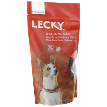 Rote Verpackung von LECKY Mini-Keksen für Hunde, die einen weißen Hund mit Halsband zeigt, beschriftet mit "Aktivkohle Mini Biskuit" und "GASTRO."