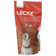 Emballage rouge de biscuits mini LECKY pour chiens, présentant un chien blanc avec un collier, étiqueté "Aktivkohle Mini Biskuit" et "GASTRO."