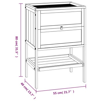 Illustration einer Futterstation für Haustiere mit Abmessungen: 80 cm Höhe, 40 cm Tiefe und 55 cm Breite, mit zwei Stauraumfächern.