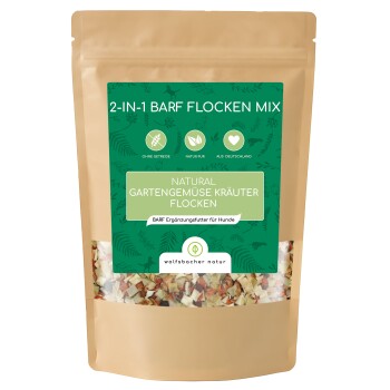 2-in-1 BARF-Flockenmischung für Hunde in einem wiederverschließbaren braunen Beutel, mit einem grünen Etikett, das "Natural Gartengemüse Kräuter Flocken" liest.