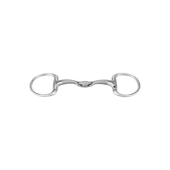 Ein glänzendes Edelstahl-Pferdegebiss mit einem doppelt gelenkigen Design und zwei Ringen an jedem Ende, vor einem weißen Hintergrund präsentiert.