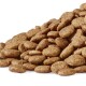 Nahaufnahme eines Haufens brauner Haustierfutterkibble, mit verschiedenen ovalen und runden Formen, auf einem weißen Hintergrund.