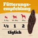 Fütterungsempfehlungstabelle für Hundeleckereien, die Portionsgrößen zeigt: ½ für 5-9 kg, 1 für 10-24 kg und 2 für 25 kg+, mit 'täglich' vermerkt.