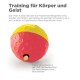 Buntes Hundespielzeugball, halb rot und halb gelb, mit einem Loch für Leckerlis. Der Text auf Deutsch beschreibt seine Verwendung für Training und mentale Stimulation.