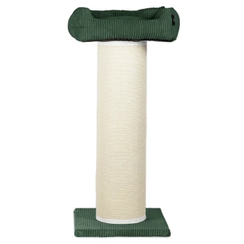 Hoher Katzenkratzbaum mit cremefarbenem, mit Sisal umwickeltem Pfosten und grünem Cord-Liegeplatz sowie Sockel.