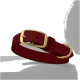 Ein rotes Leder-Haustierhalsband mit einer goldenen Schnalle und D-Ring, vor einem neutralen grauen Hintergrund präsentiert.