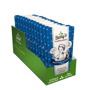 Betty's Landhausküche Katzenfutterbeutel in einer Präsentationsbox, mit Huhn und Forelle und zusätzlichem Taurin, gekennzeichnet für Katzen.