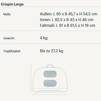 Spezifikationen des Crispin Large Haustierträgers: externe Abmessungen 85x45,7x54,5 cm, interne Abmessungen 82,5x43x46 cm, Gewicht 4 kg, Kapazität bis zu 27,2 kg.